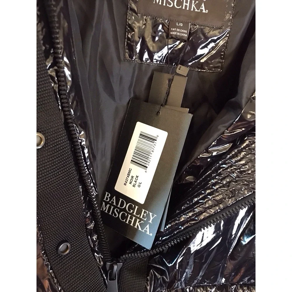NWT Women BADGLEY MISCHKA‎ Roberta Coat Jacket Puffer Shiny Black  Vegan Down L